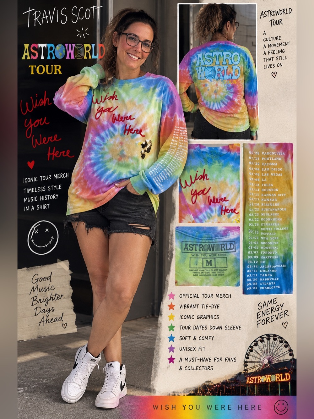 Travis Scott Astroworld Wish You Were Here Tour Tie Dye Long Sleeve Shirt M